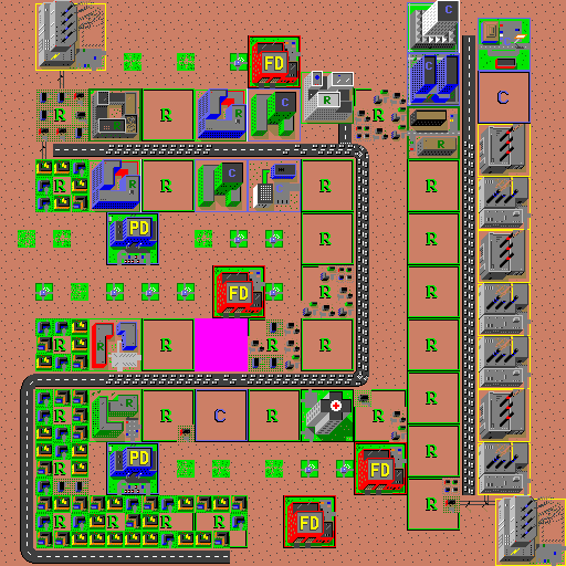 The frontier model's city: zones along long road spines, most still empty plots